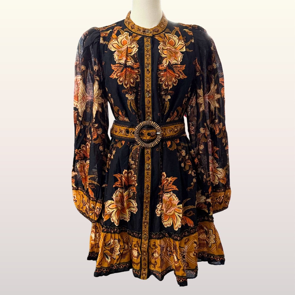 NWT Farm Rio Majestic Garden Black Mini Dress Size M Floral Boho Belted Ruffle - Picture 3 of 11